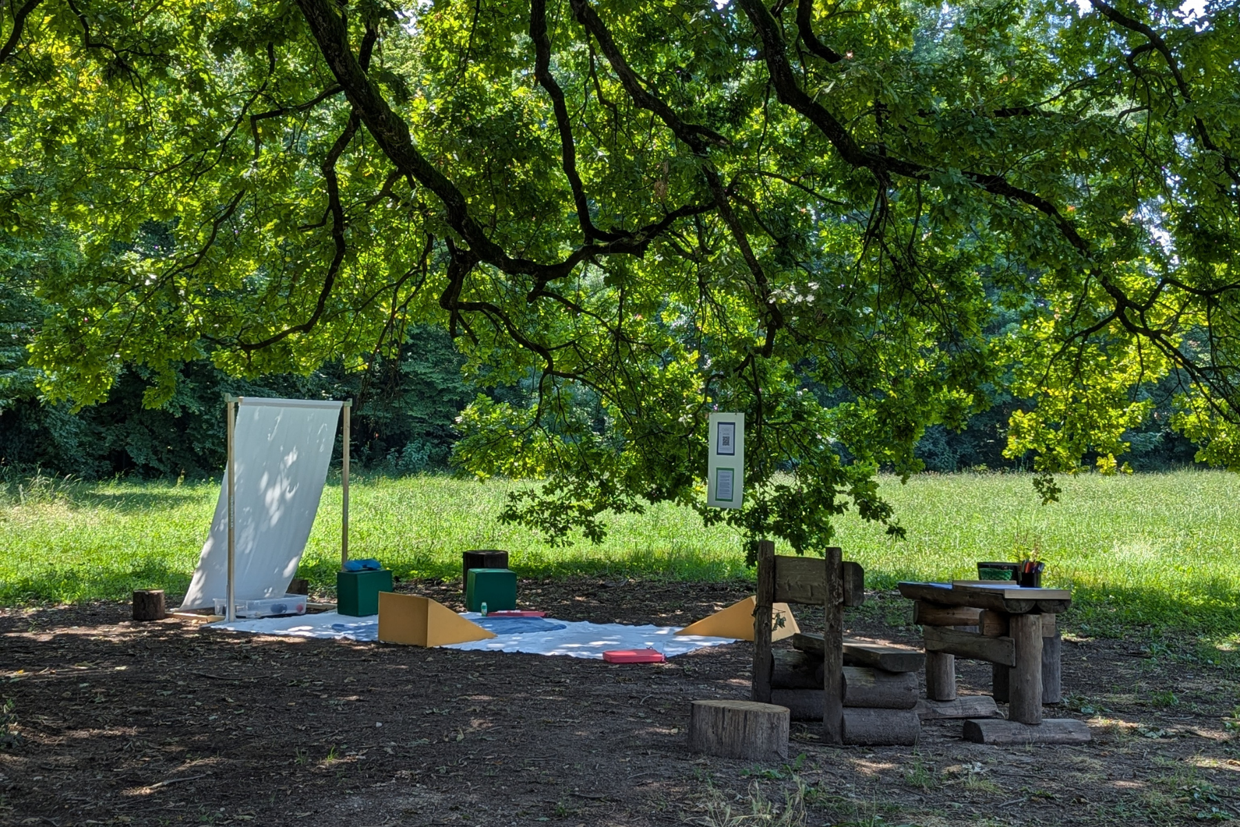 Una veduta complessiva dello spazio di decompressione allestito in mezzo al parco.